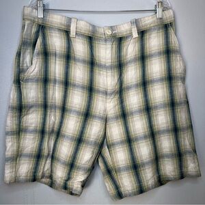 Men's St John's Bay Linen Shorts Size 36 Sage Plaid Flat Front Beach
